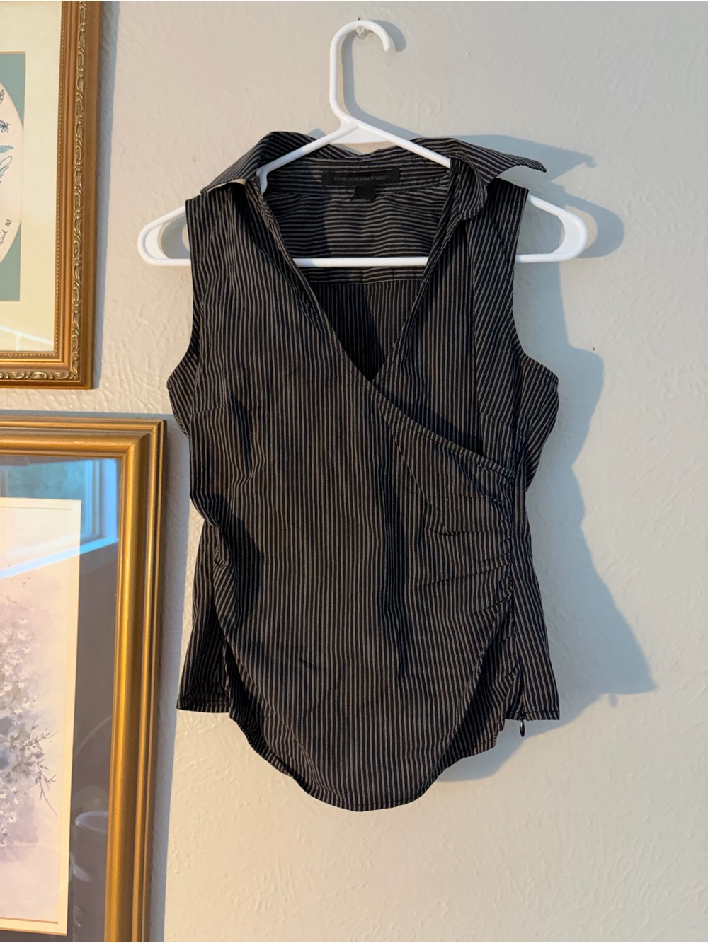 Express Black Pinstripe Sleeveless Wrap Collar Blouse